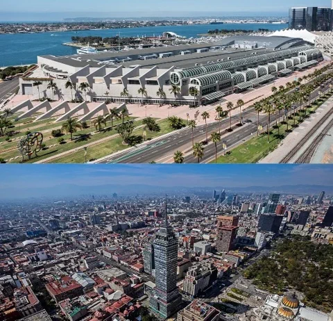 An aerial split-view of the San Diego Convention Center waterfront and the dense urban landscape of Mexico City.
