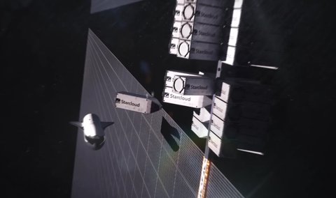 Artist's concept of a Starcloud orbital data center with large solar arrays deployed in space.