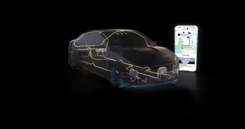 A transparent view of a car showing the NVIDIA DRIVE AGX Hyperion 10 wiring and sensor suite, next to a smartphone running the Uber app.