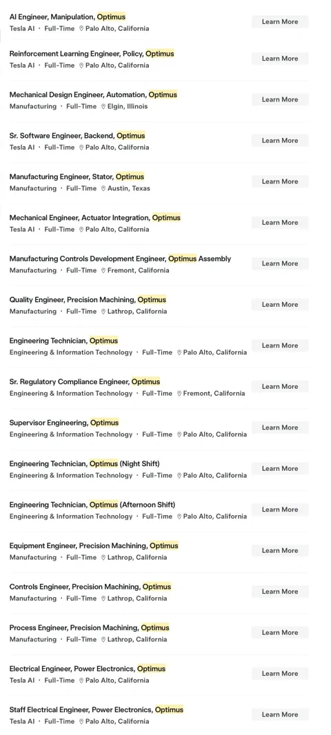 特斯拉 Optimus 招聘潮达 110 个职位