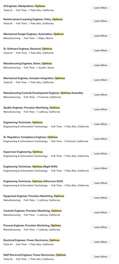 特斯拉 Optimus 招聘潮达 110 个职位