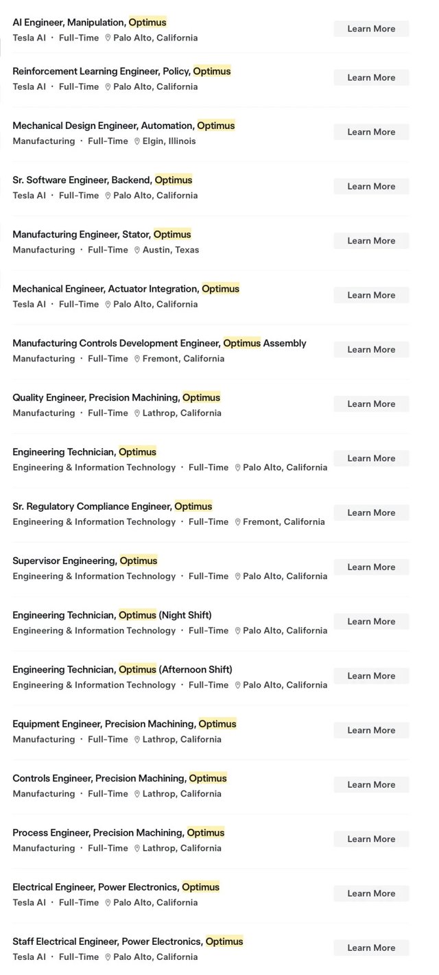 特斯拉 Optimus 招聘潮达 110 个职位