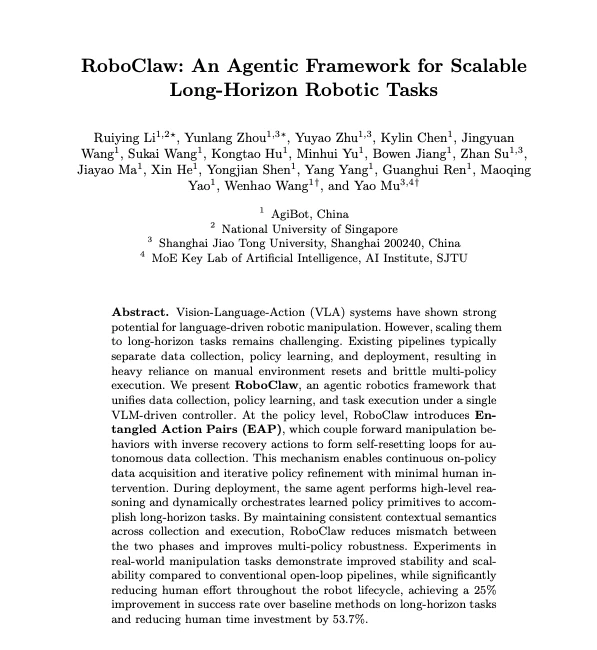 效率飙升8倍！RoboClaw 为机器人装上“撤销键”，加速迈向自主学习
