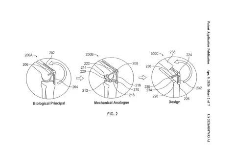 专利图示展示了从人类膝盖解剖学到机械连杆机构的演变过程。